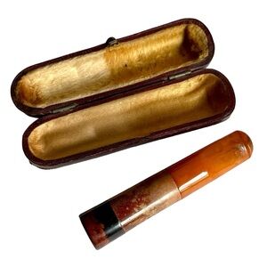 Vintage Antique Early 1900s Amber Cigarello Holder And Case